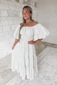 Only A Dream Jacquard Floral Puff Sleeve Midi Dress
