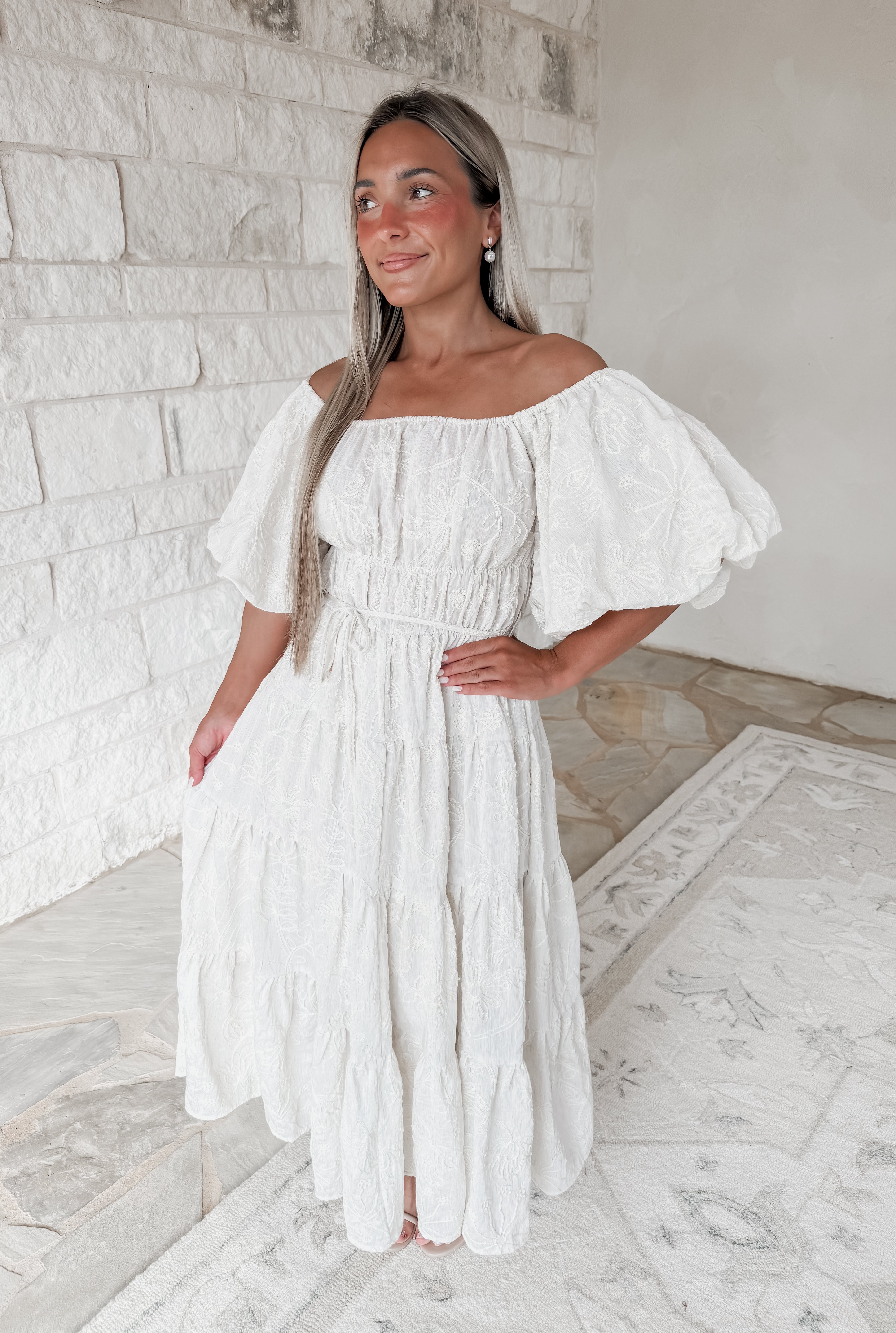 Only A Dream Jacquard Floral Puff Sleeve Midi Dress