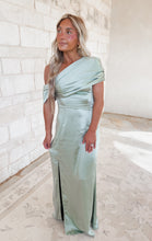Load image into Gallery viewer, Special Moment Satin Asymmetrical Wrap Maxi - Sage