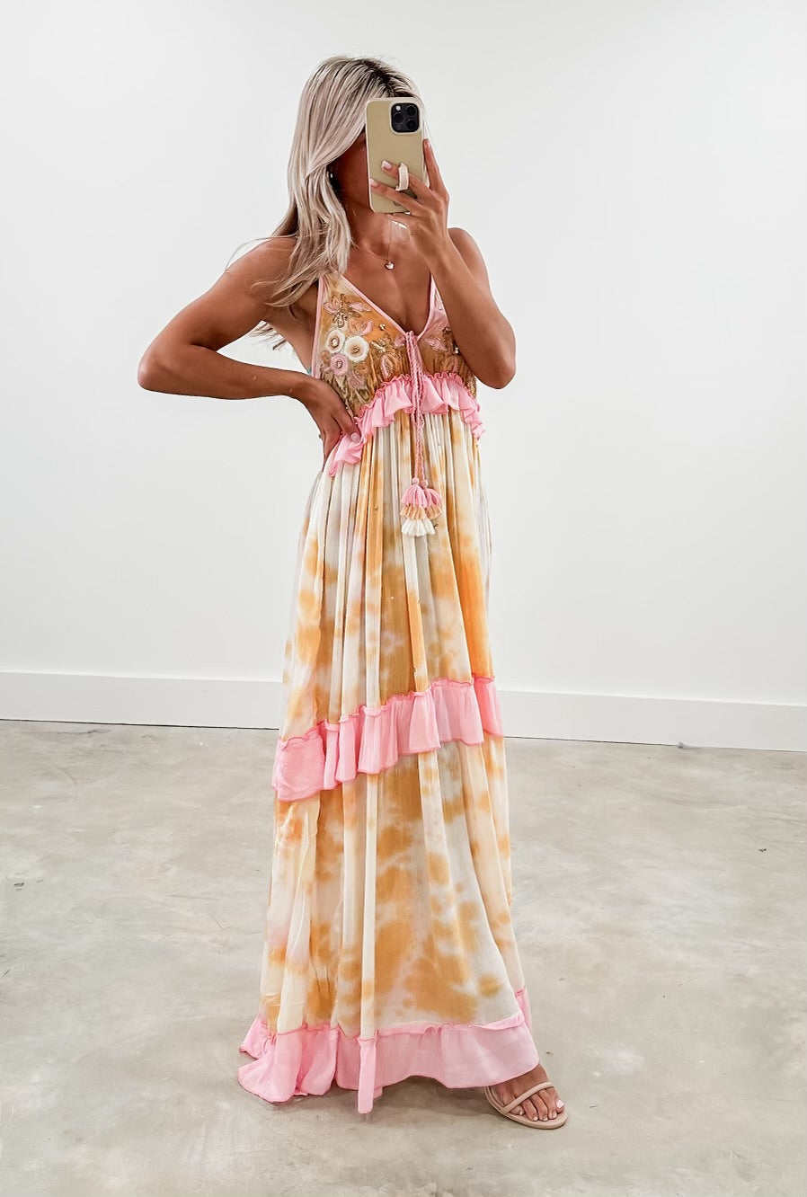 open lace back dress SUNSET PLEATED OMBRE MAXI DRESS  AKIRA