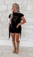 Load image into Gallery viewer, Country Cutie Sheer Floral Lace Mock Neck Cropped Ruffle Blouse