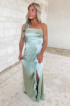 Load image into Gallery viewer, Palm breeze One Shoulder Satin Maxi - Sage
