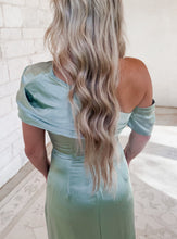 Load image into Gallery viewer, Special Moment Satin Asymmetrical Wrap Maxi - Sage