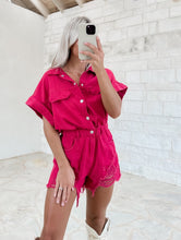 Load image into Gallery viewer, Trend Starter Berry Distressed Romper (FINAL SALE)