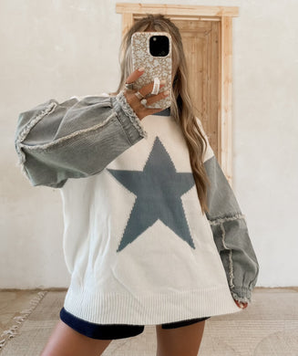 Star Denim Sleeve Sweater