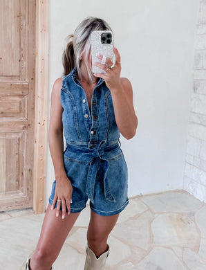 Monica Belted Denim Romper