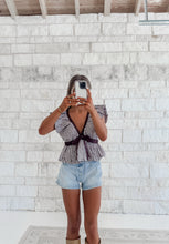 Load image into Gallery viewer, Common Ground Deep V Neck Bubble Hem Gingham Blouse Top