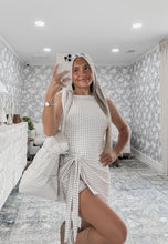 Load image into Gallery viewer, Restock - Off To The Races Gingham Wrap Tie Front Romper - Beige