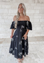 Load image into Gallery viewer, Bermuda Beach Linen Embroidered Floral Midi - Black