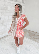 Load image into Gallery viewer, Weekend On The Coast Striped Contrast Detail Button Down Romper - Camel / Coral