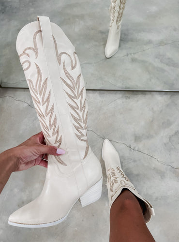 Samara Embroidered Off White Cowgirl Boots
