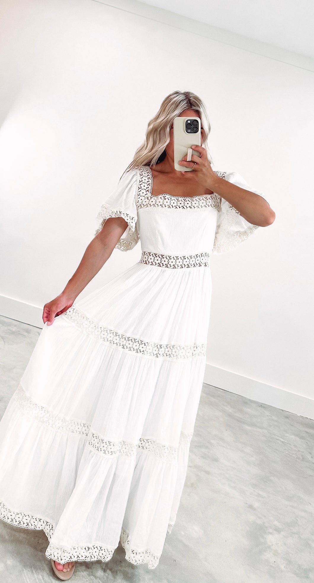 Down To Earth Lace Trim Tiered Maxi