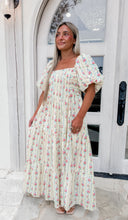 Load image into Gallery viewer, Spirit Of Spring Floral Stripe Bubble Sleeve Smocked Maxi - Lt. Yellow