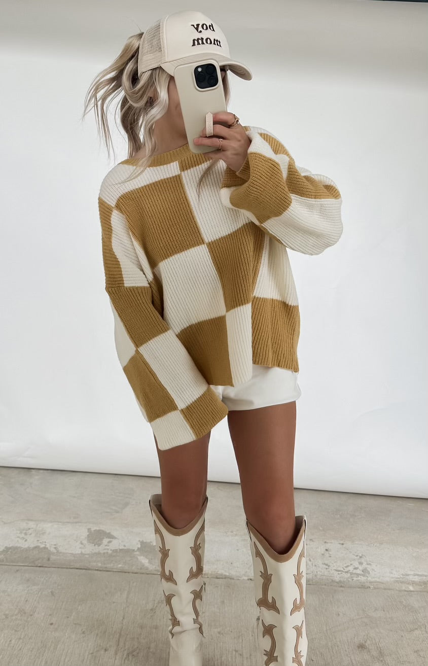 Weekend Plans Mustard Checkered Sweater (FINAL SALE)