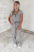 Load image into Gallery viewer, Comes Back Around Striped Knit Button Tee &amp; Drawstring Pants Set - Charcoal