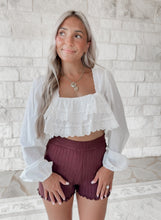 Load image into Gallery viewer, Faded Photographs Lace Trim Ruffle White Crop Top