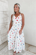 Load image into Gallery viewer, Off to Dinner Multi Pattern Icon White Maxi Dress