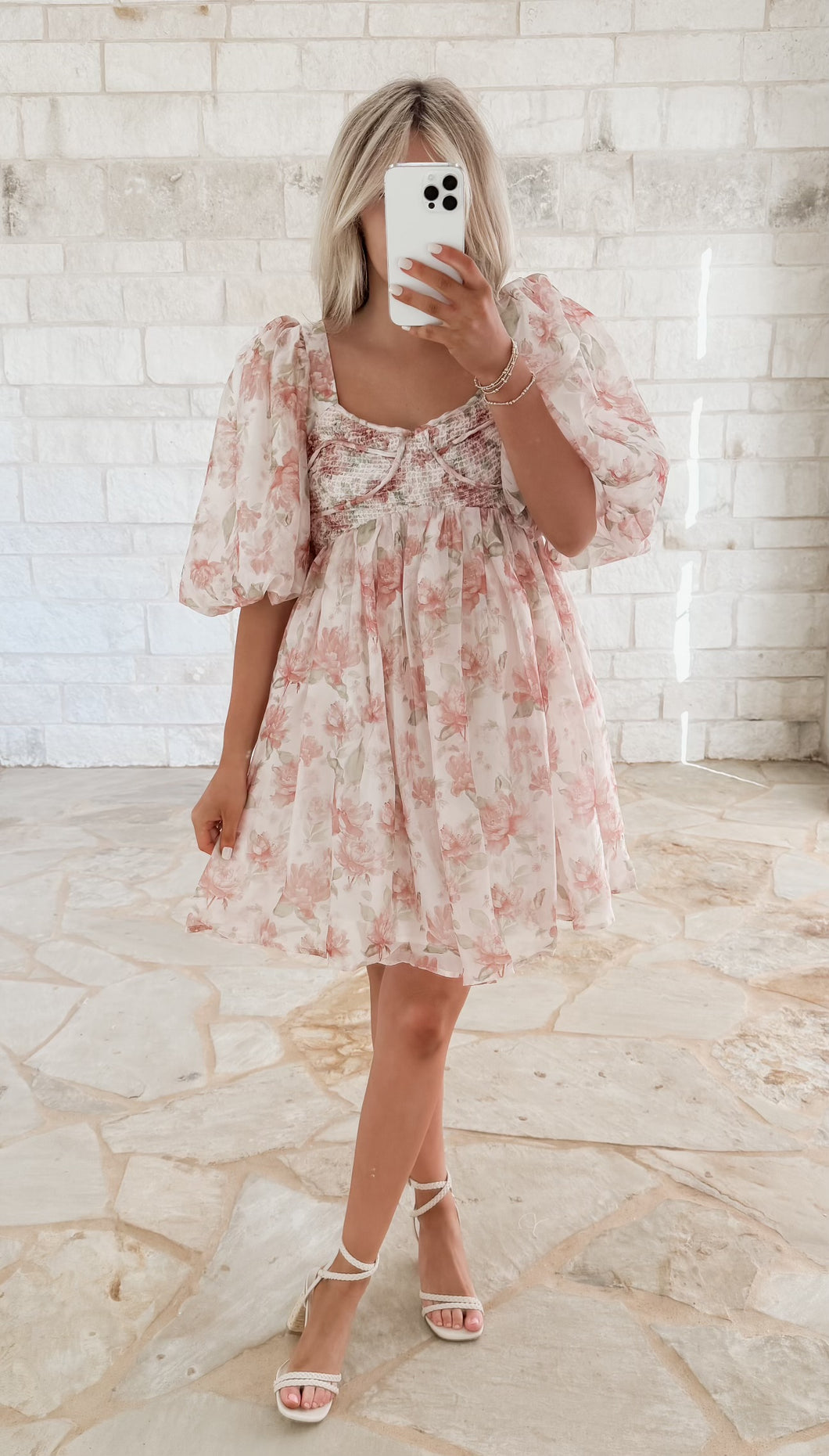 Leah Floral Puff Sleeve Mini Dress - Peach CK Squared Boutique Leah Floral Puff Sleeve Mini Dress - Peach CK Squared Boutique