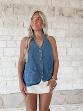 Load image into Gallery viewer, She’s Got Plans Denim Halter Backless Top