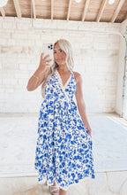 Load image into Gallery viewer, Never Hold Back Halter Scalloped Wrap Midi Dress - Navy Blue Floral
