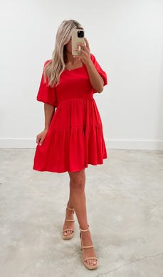 Sweet Melody Red Bubble Sleeve Dress