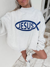 Load image into Gallery viewer, Jesus Fish/Child of God Reversible Mockneck Sweatshirt - Grey/Vintage Blue