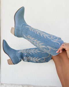 Inlay Denim Embroidered Boots