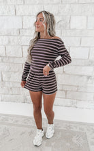 Load image into Gallery viewer, Clean Slate Stripe Boat Neck Off Shoulder Top &amp; Shorts Set - Brown/Pink