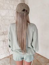 Load image into Gallery viewer, Sit On Back Mineral Wash Crew Neck Sweatshirt &amp; Drawstring Shorts Set - Sage