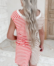 Load image into Gallery viewer, Weekend On The Coast Striped Contrast Detail Button Down Romper - Camel / Coral