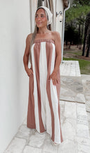 Load image into Gallery viewer, Set To Sail Strapless Striped Wide Leg Jumpsuit- Choco/Cream