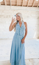 Load image into Gallery viewer, Peaceful Feelings Collared Halterneck Denim Maxi