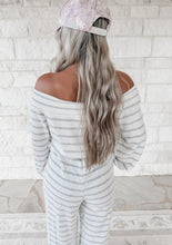 Load image into Gallery viewer, Best Foot Forward Off The Shoulder Striped Terry Jumpsuit - Grey