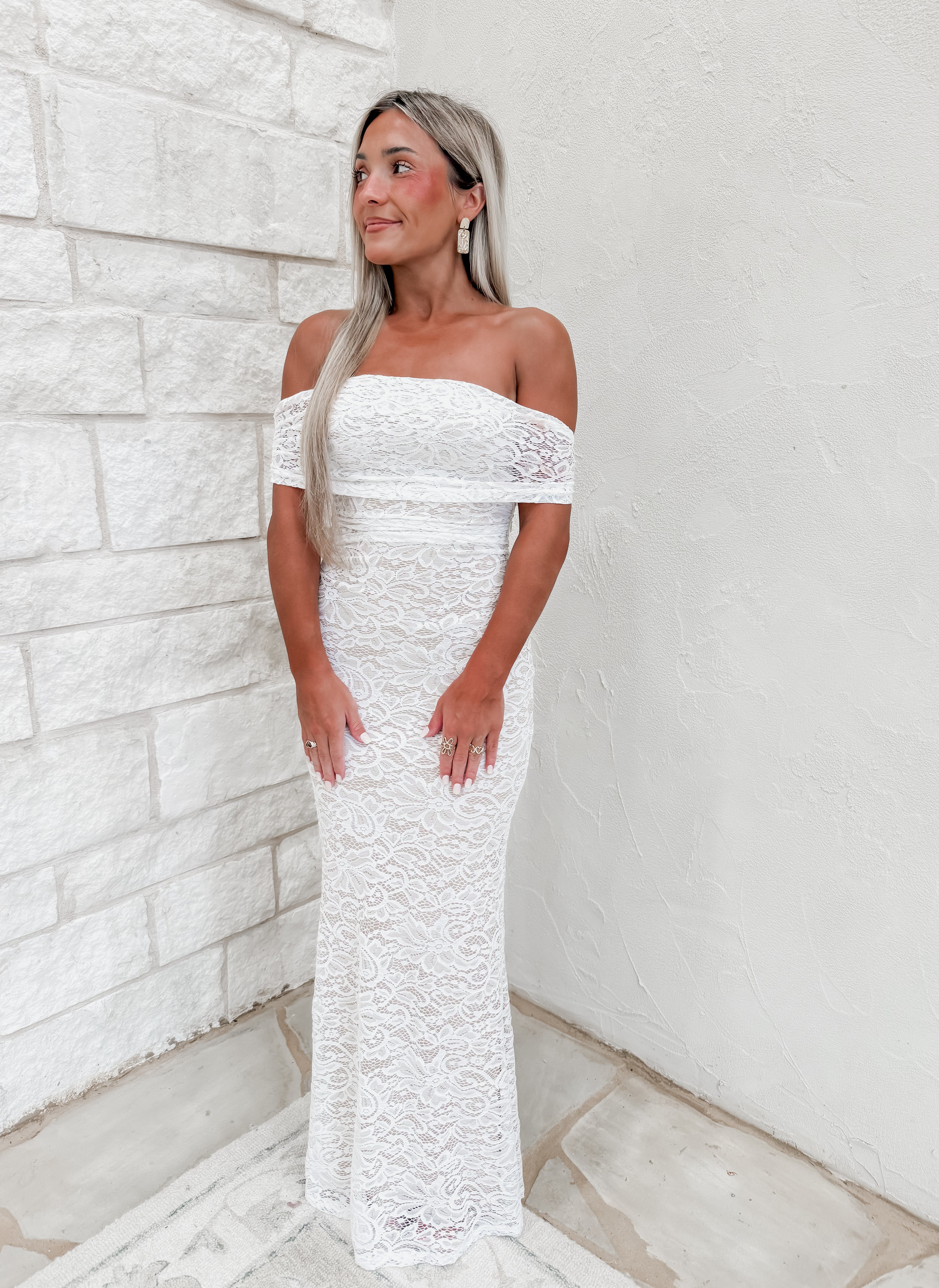 Just Engaged White Lace Floral Maxi Dress