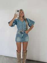 Load image into Gallery viewer, All Wrapped Up Denim Mini Skort