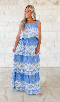 Island Girl Embroidery Skirt Set - Blue (FINAL SALE)