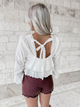 Load image into Gallery viewer, Faded Photographs Lace Trim Ruffle White Crop Top