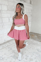 Load image into Gallery viewer, Game, Set, Glow Gingham Print Scrunched Sports Bra and Ruched Waistband Mini Skort Set