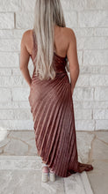Load image into Gallery viewer, Too Precious Asymmetrical Pleated Maxi Dress - Sunset/Gold