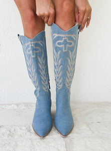 Inlay Denim Embroidered Boots