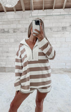 Load image into Gallery viewer, Bayside Beach Striped Half Zip &amp; Short Set - Mocha/Cream