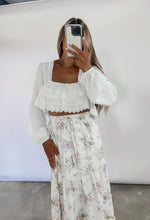 Load image into Gallery viewer, Faded Photographs Lace Trim Ruffle White Crop Top