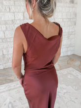Load image into Gallery viewer, Olivia Satin Off The Shoulder Ruched Midi Dress - Rum Raisin