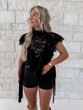 Load image into Gallery viewer, Country Cutie Sheer Floral Lace Mock Neck Cropped Ruffle Blouse