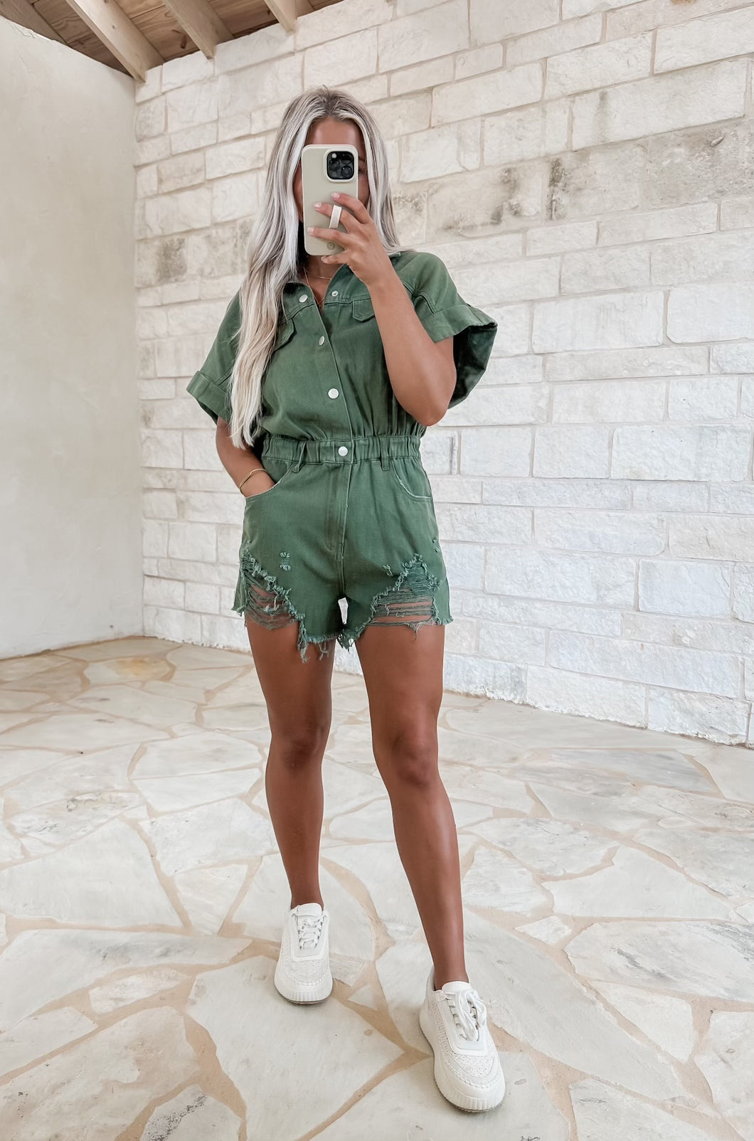 Trend Starter Olive Distressed Romper