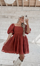 Load image into Gallery viewer, Rustic Dreams Embroidered Puff Sleeve Mini Dress - Rust