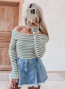 My Moment Beige + Green Ribbed Top