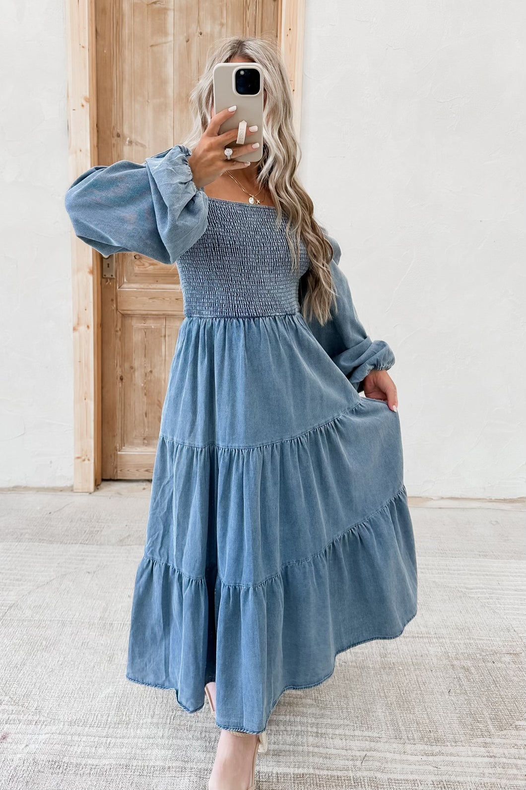 Nara Smocked Denim Midi