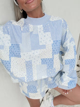 Load image into Gallery viewer, In Her Own Way Patchwork Printed Mockneck Sweatshirt &amp; Sweat-shorts Set - Lt. Blue