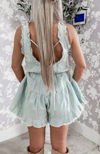 Load image into Gallery viewer, Kasey Girl Ruffle Trim Open Back Denim Romper